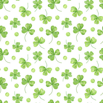 Shamrock leaves seamless pattern, symbol of luck in Ireland and its spring national holiday, St Patrick's day, seasonal hand drawn watercolor illustration, vintage and romantic style repeat ornament