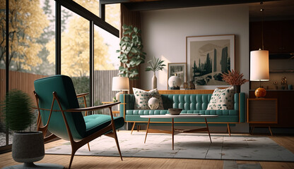Mid century modern style interior living room design ultra HD wallpaper image
