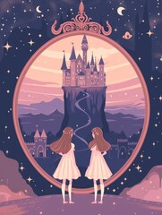 Cute young twins girls sisters from fairytale standing in front of big mirror with a magic castle in it