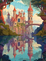 Kingdom of Crooked Mirrors, vector style, flat graphics, colorful picture, modern style