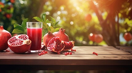 Pomegranate juice and ripe fruits on wooden table in garden. Healthy drink