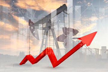 Growth chart with an arrow and an increase in crude oil production prices on the exchange market....