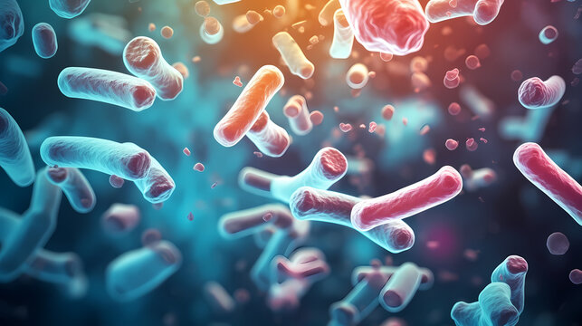 Various shapes of bacteria, probiotics under microscope, science, medicine concept background