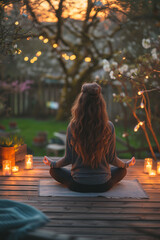 Girl doing yoga in her backyard on a wooden veranda with candles against the background of sunset view from the back