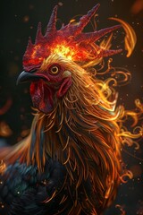 Enchanting Fusion of Rooster and Fire - A Mythical Creature Portrait with Brilliant Flame-Colored Feathers. Experience the Intensity of Burning Embers in a 3D Rendered Artwork