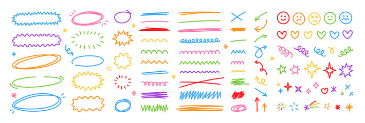 Scribble doodle underline emphasis line shape set. Hand drawn brush stroke elements.