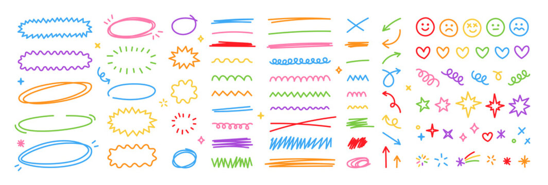 Scribble doodle underline emphasis line shape set. Hand drawn brush stroke elements.