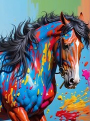 Vivid Realism. Bright and Highly Realistic Horse Splattered with Colorful Paint