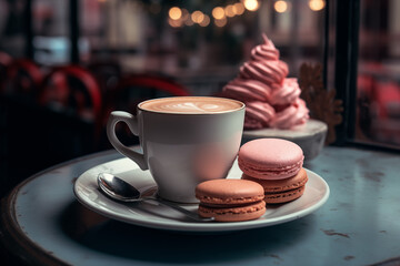 Artful coffee and colorful macarons on rustic table near window. Concept for cafe ambiance, gourmet ads, and relaxation. Plenty of copy space.