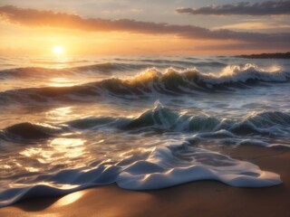 "Ephemeral Waves of Light: AI-Enhanced Beach Sunset Art, Capturing the Transient Dance of Waves and Sunlight in a Mesmerizing Coastal Composition"
