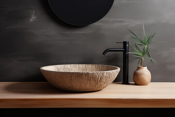 Stone vessel sink against textured stone wall in minimal bathroom