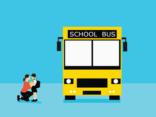 A mother is dropping off her child to catch the school bus.blue background.