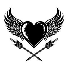 Fototapeta premium Heart pierced by an arrow, angel wings, and a banner in the center, generative ai, isolated on a white background.