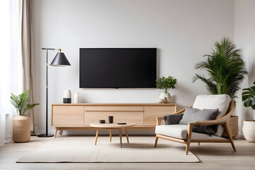 Mockup of a TV wall mounted with an armchair in the living room with a white wall design.