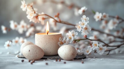 Easter candle and eggs, photo in light colors, plain background