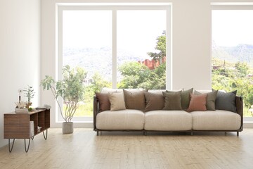 Contemporary classic white interior with furniture and decor and summer landscape in window. Scandinavian interior design. 3D illustration