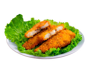Plate of breaded fish on lettuce leaves on a transparent background