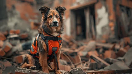 Foto op Canvas search and rescue dog in a vest on the ruins of a house © sergiokat