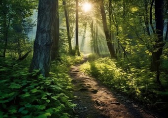Obraz premium Sun-Drenched Trail: Bathed in Light, Through the Forest's Depths