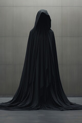 Human figure with black cloak, enigmatic, concealed person