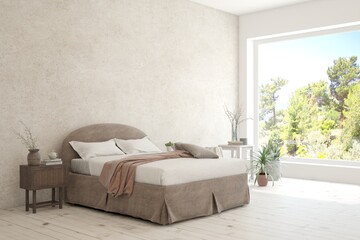 White bedroom concept. Scandinavian interior design. 3D illustration
