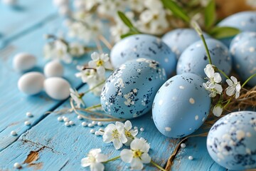 Obraz premium Easter eggs with sweets and flowers on beige. Happy Easter concept. White and blue eggs and cute nest with candy