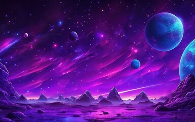 Awesome Fantasy neon astronomy illustration, purple futuristic wallpaper, night sky