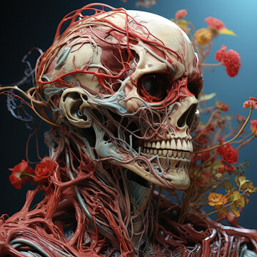 Surreal human anatomy with veins and organs
