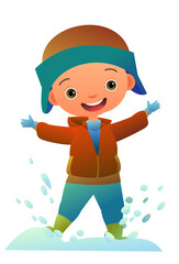 Boy splashing snow. Child in winter clothes. Fun frost. Winter clothes. Object isolated on white background. Cartoon fun style Illustration vector