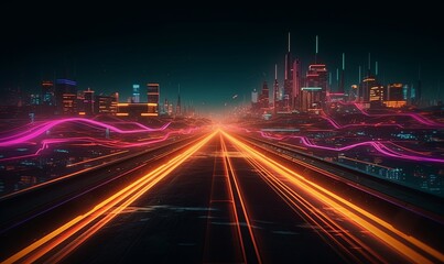 Fototapeta na wymiar Cyberpunk glowing neon highway in cyber city. Sprawling 3d metropolis at night bathed in purple glow. Skyscrapers pierce their digital screens casting mesmerizing light on streets below