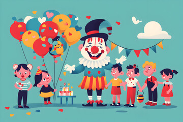 Obraz na płótnie Canvas A clown entertaining a cheerful crowd of children.