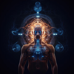 the human body with a organic and brain system, concept of Transhumanism, post-human