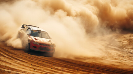 A rally car drifting on a dirt track kicking up clouds of dust capturing the spirit of motorsport and the thrill of driving. - obrazy, fototapety, plakaty