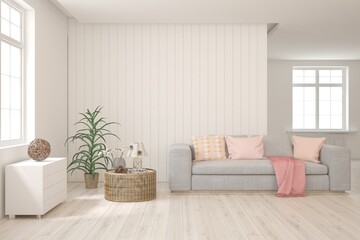 Fototapeta premium Modern minimalist interior with sofa on empty white color wall background. Interior mockup. Scandinavian interior design. 3D illustration