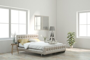 White bedroom concept. Scandinavian interior design. 3D illustration