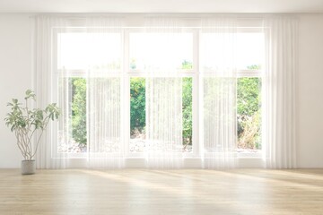 White empty room with summer landscape in window. Scandinavian interior design. 3D illustration