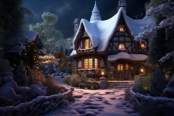 Fototapeta na wymiar Festive night, a charming cottage surrounded by snow-covered trees. Christmas magic, snowy scene, and festive illumination.