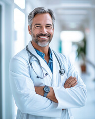 A successful respectable doctor in a white uniform and a stethoscope stands against the background of light walls in a modern clinic. Portrait of a handsome smiling doctor. Healthcare industry concept