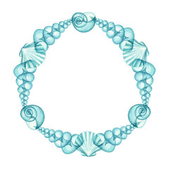 Watercolor nautical wreath, turquoise transparent shells. Drawing on a white background for postcards, stickers, scrapbooking, posters, prints.