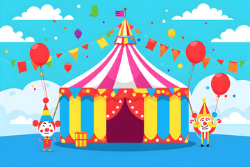 Two Clowns Are Holding Balloons In Front Of A Colorful Circus Tent
