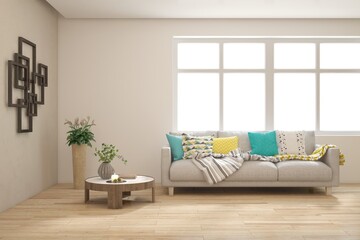 White living room with sofa. Scandinavian interior design. 3D illustration