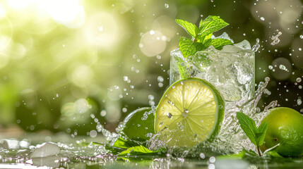 A refreshing cocktail with sparkling ice fresh mint and a slice of lime captured at the moment of splash embodying summer refreshment.