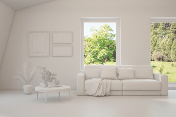 White living room with sofa and summer landscape in window. Scandinavian interior design. 3D illustration