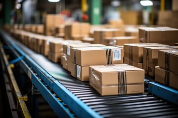 Logistics Management: A Conveyor Belt Moves Boxes with Precision, Reflecting Effective Supply Chain Strategies and Operations