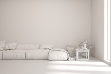 Grey interior design concept with furniture. 3D illustration