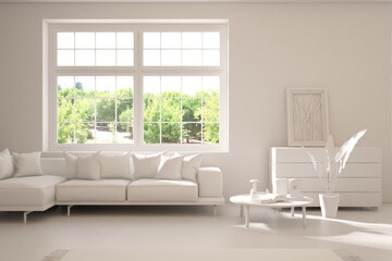 Grey living room concept with sofa and summer landscape in window. Scandinavian interior design. 3D illustration