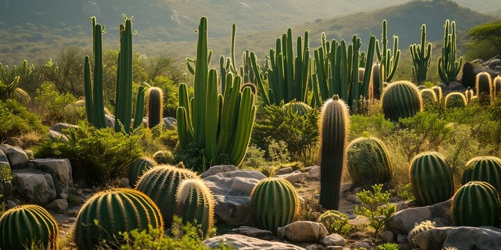 Lush cactus garden at golden hour, serene desert landscape photography, ideal for nature themes. AI