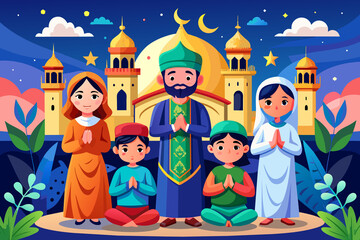 Ramadan Kareem with a scene featuring a large Islamic family against the backdrop of a mosque. Muslim parents and children gather to pray, celebrating the end of fasting, Generative AI.