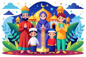 Fototapeta premium Ramadan Kareem with a scene featuring a large Islamic family against the backdrop of a mosque. Muslim parents and children gather to pray, celebrating the end of fasting, Generative AI.