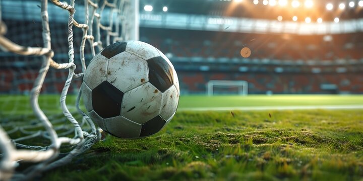Soccer ball in a net at a stadium, energetic game moment captured. close-up, vibrant colors, sports theme. perfect for background use. AI